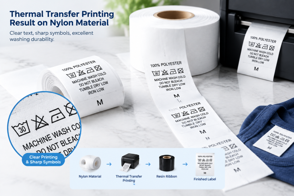 Thermal transfer printing result on nylon wash care label material