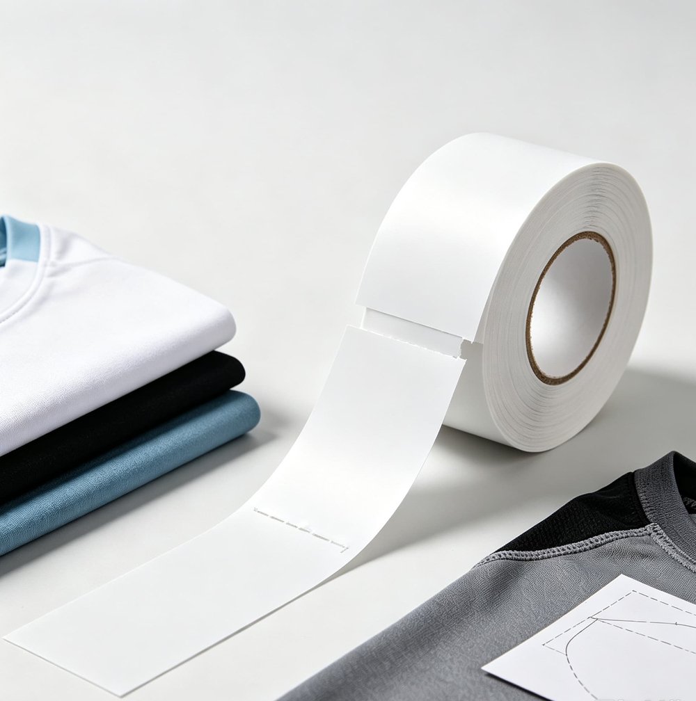 1Tear away nylon label material for sportswear, flat cut edge, no woven border