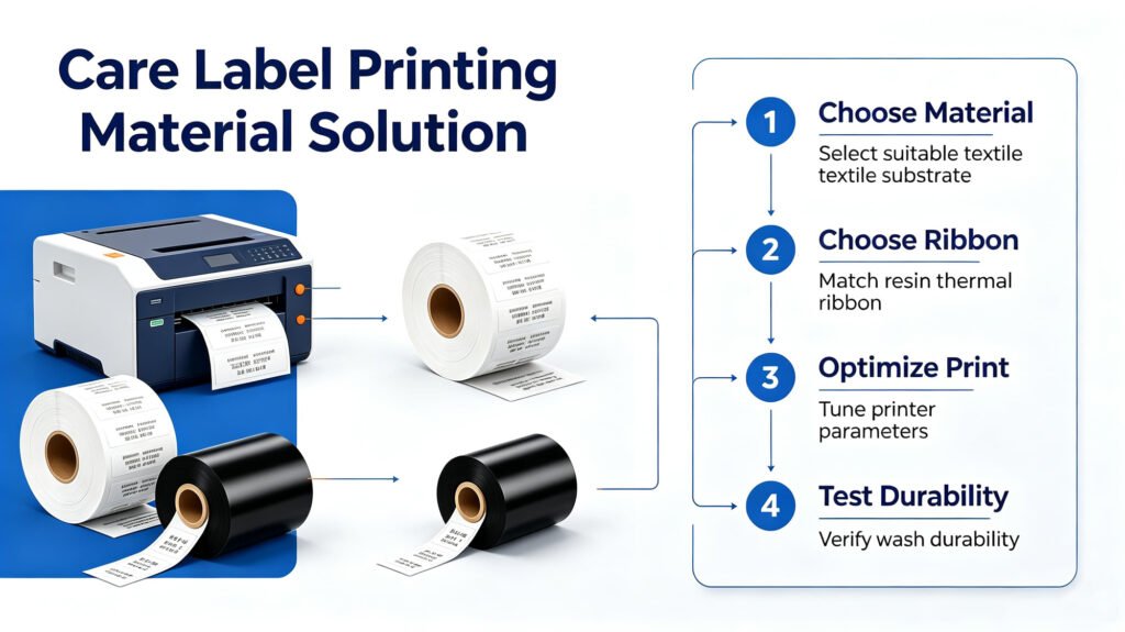 Care label printing material solution, thermal transfer printer, wash care label roll and resin ribbon process