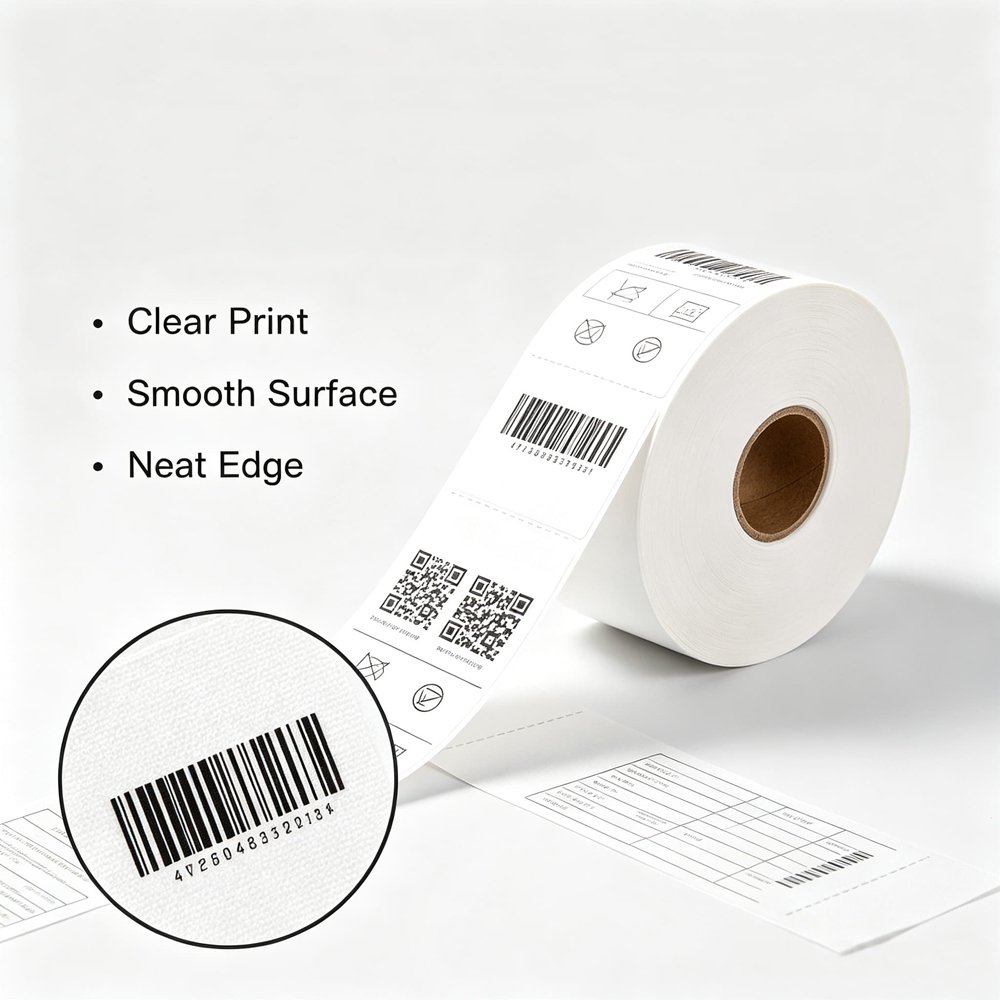 Close-up of N1 nylon wash care label material, smooth fabric surface with neat cut edges and crisp printed care symbols