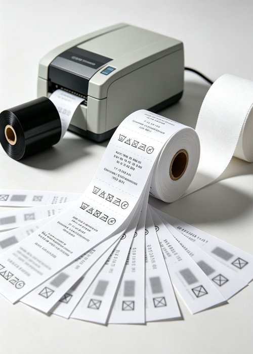 Custom wash care label printing service, printed garment labels with care symbols and composition details