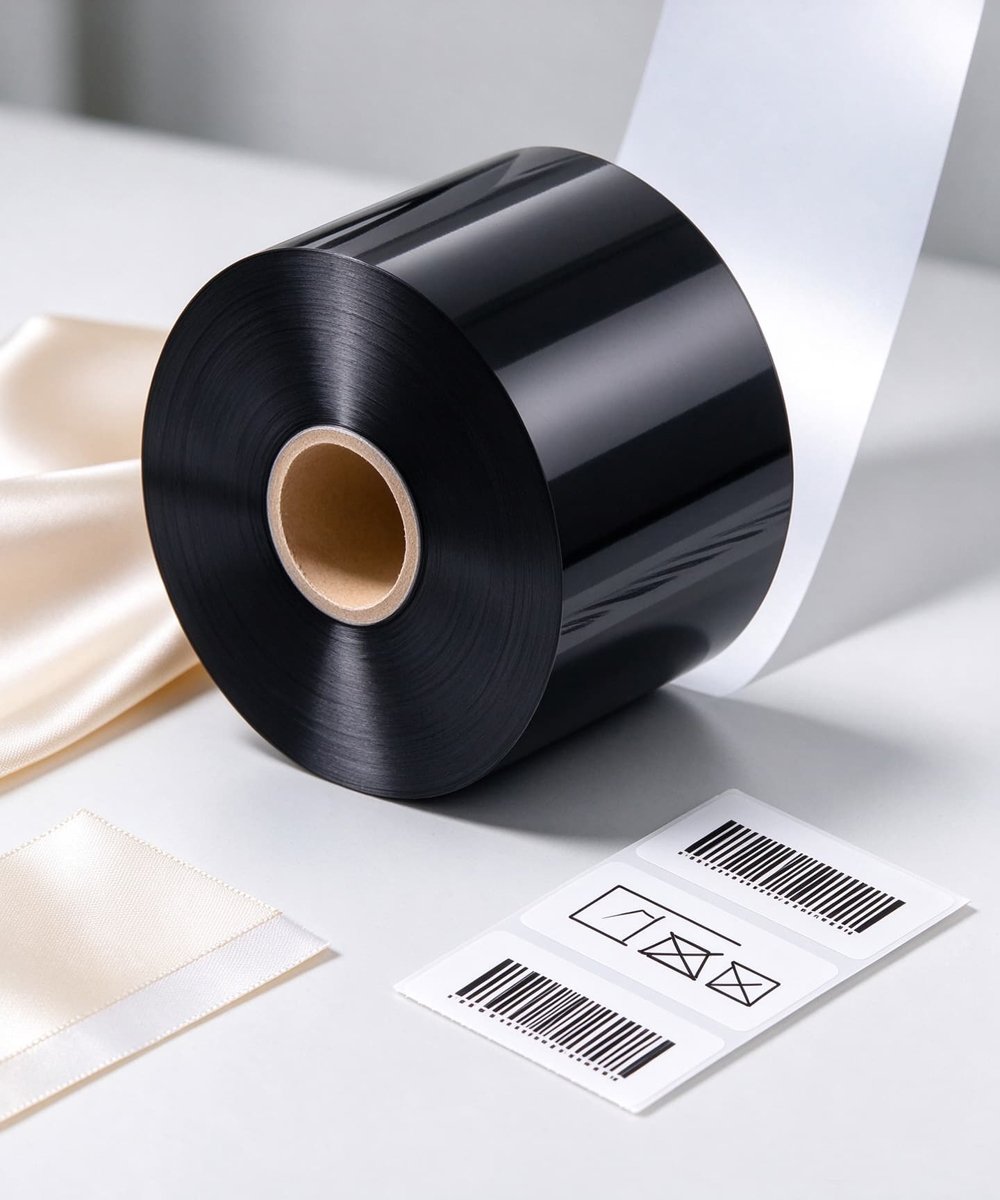 Black wash care resin ribbon roll with white garment label material and printed wash care tag samples on clean work surface