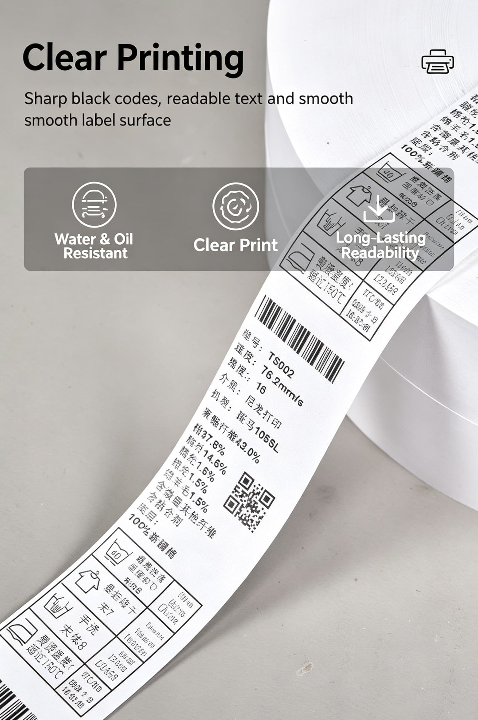 Nylon wash care label clear printing, sharp barcodes, icons and crisp black codes-6