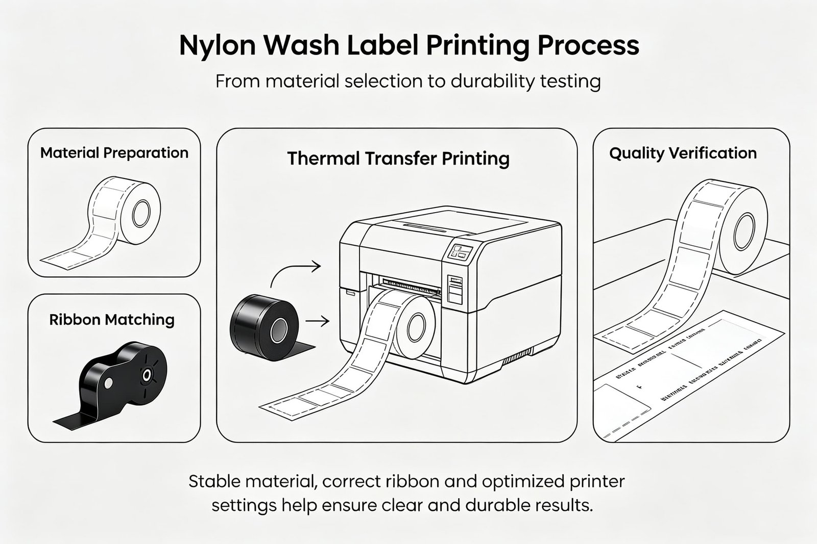 Nylon wash label printing workflow from material preparation and ribbon matching to thermal transfer printing and quality verification