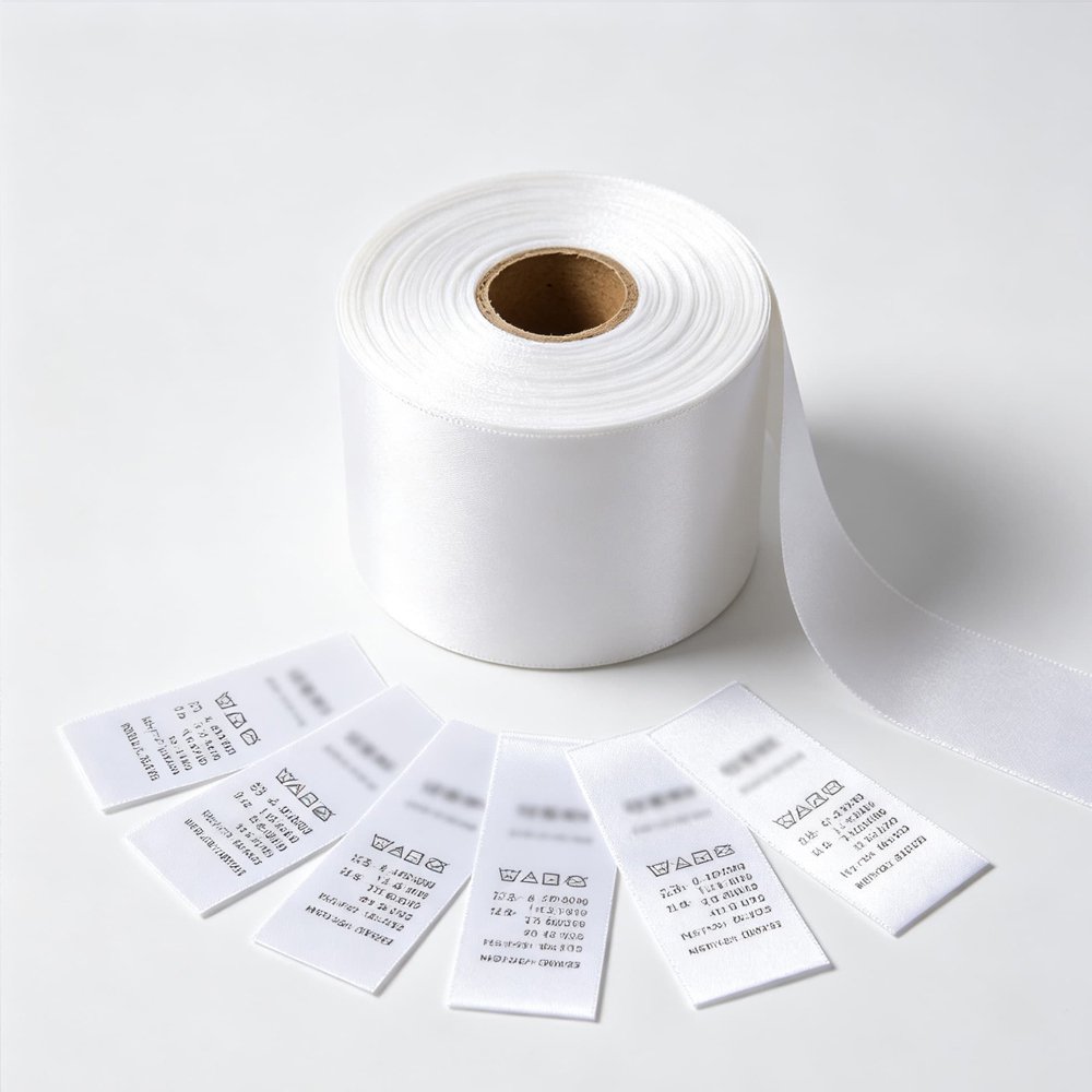 Polyester satin garment label material, soft silky fabric for premium clothing care labels