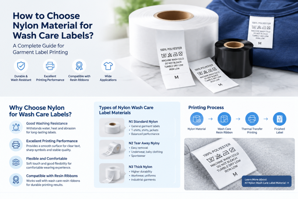 Nylon wash care label material roll for garment label printing with thermal transfer ribbon