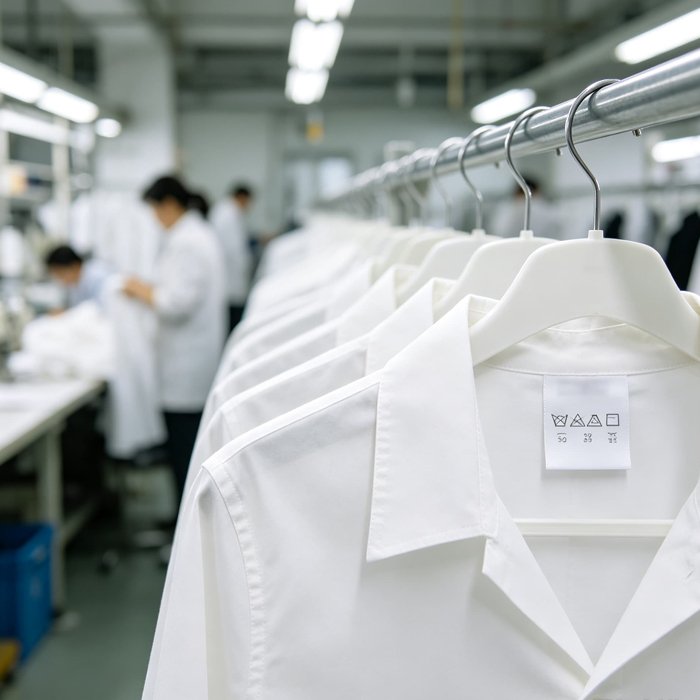 Apparel manufacturing factory, garment production line with wash care label and size label application