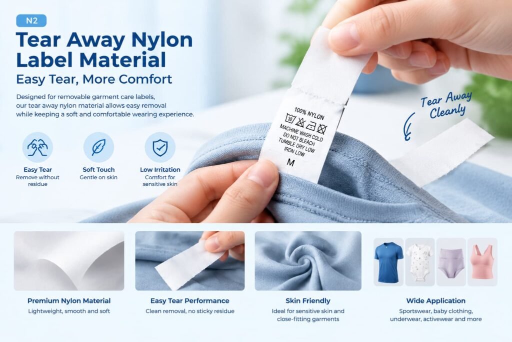 Removable tear away nylon label material with easy tear performance for apparel labels