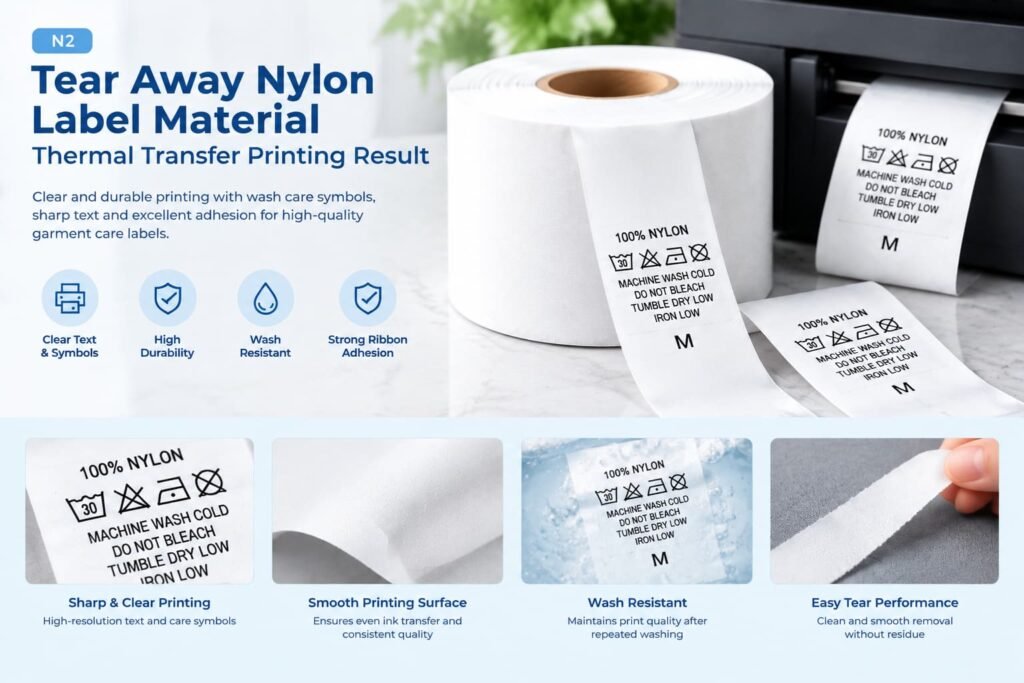 Thermal transfer printing result on Tear Away Nylon Label Material with clear wash care symbols