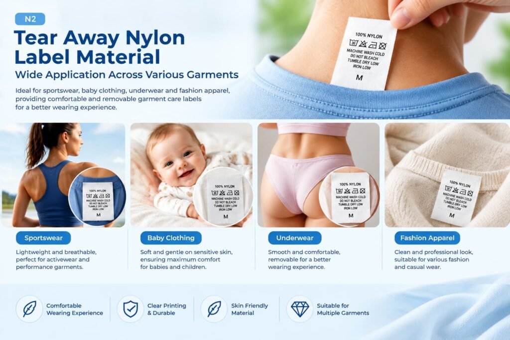 Tear Away Nylon Label Material applications in sportswear, baby clothing and fashion apparel