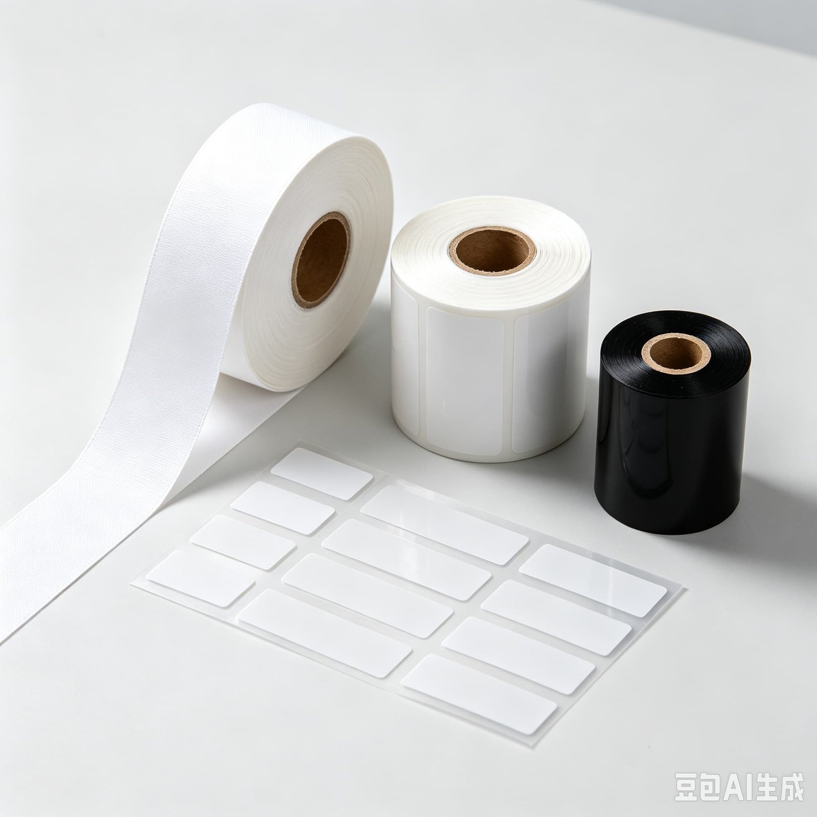 Assorted garment label materials: nylon taffeta, polyester satin and transparent TPU label rolls