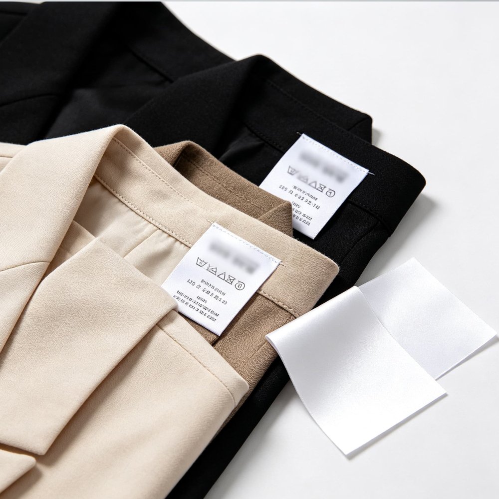 Apparel manufacturer workshop, factory printing garment wash care labels on textile ribbon