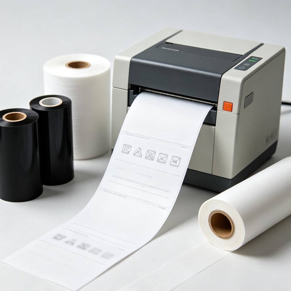 Professional label printing company, thermal transfer printer producing textile care labels