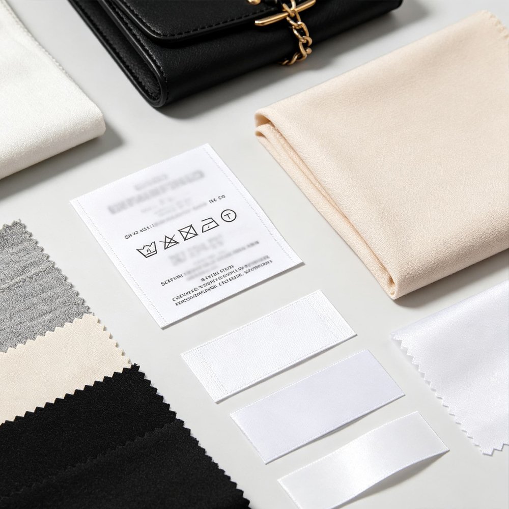 Fashion brand finished clothing with printed fabric wash care labels attached