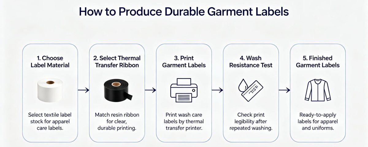 Horizontal English flowchart for garment label printing process